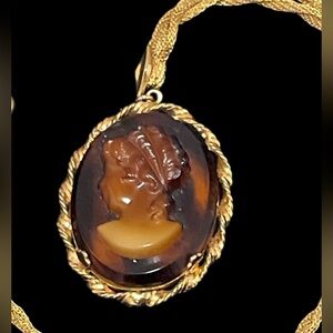 Victorian Revival Carved Tortoise Glass Cameo Pendant Necklace